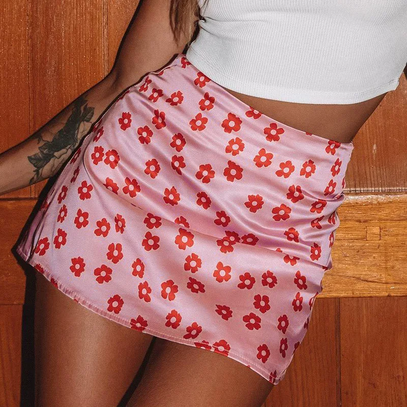 Minifalda de satén con estampado Floral para mujer, Falda corta informal, de cintura alta, color negro, púrpura, con cremallera trasera, A la moda, Y2k