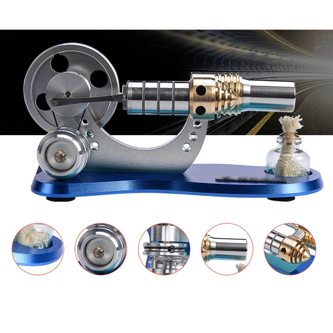 Metal Cylinder Bootable Stirling Engine Model Micro External Combustion Engine Model - Blue Baseboard