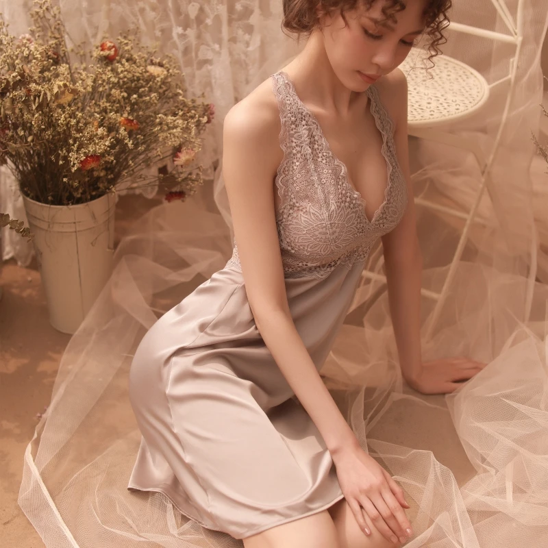 Women Sleepwear Deep V Beautiful Back Sleeping Dress Women's Summer Nightdress Fashion Ice Silk Mesh Sling Nightgowns