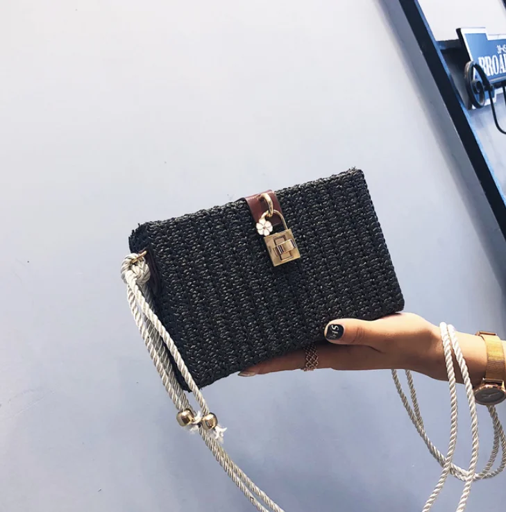 Handmade Straw Shoulder Bag Summer Women's Woven Rattan Bag Vintage Beach Cross Body Female Lock Handbag With Flowers