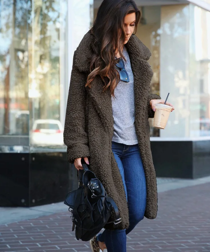 Thick Woolen Long Coat Women Turn-down Collar Autumn Winter Clothes Solid Slim Pocket Office Lady Open Stitch Plus Size Coats - Цвет: Dark Gray