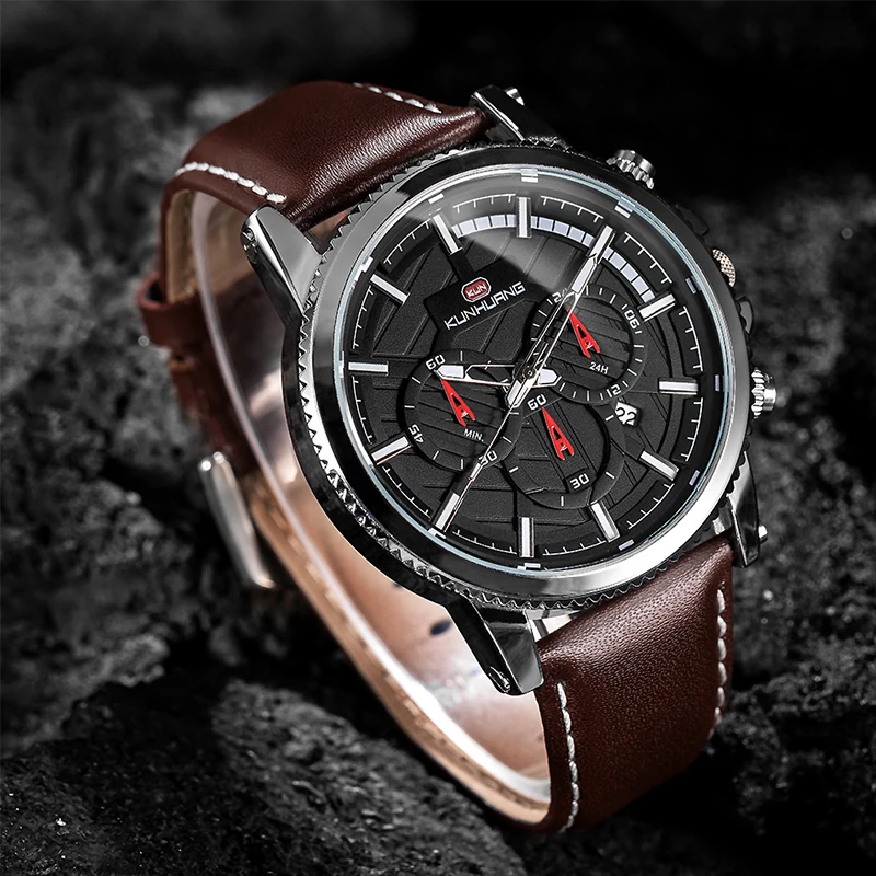

KUNHUANG Men Watch Quartz Chronograph Watch for Men Leather Strap Waterproof Date Luminous Multifunctional Movement Watch