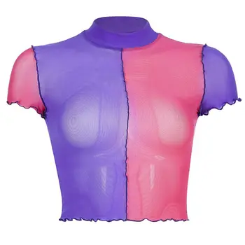 

Women Sexy Transparent Mesh T-Shirt Purple Pink Color Block Turtleneck Crop Top