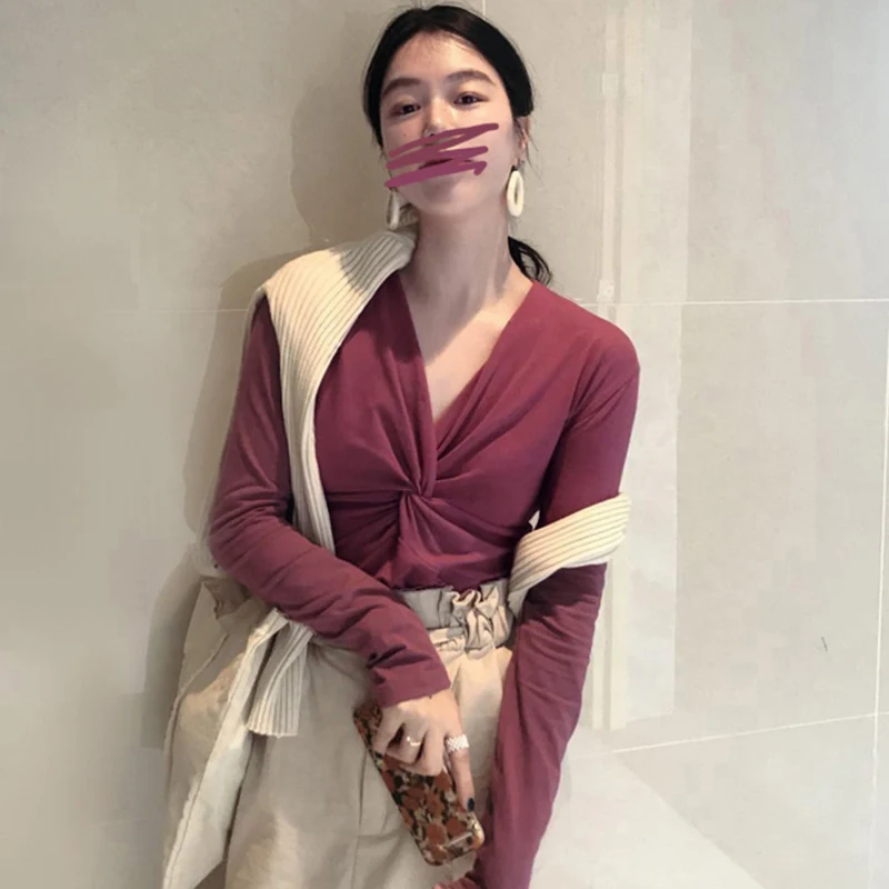 Крученая Милая женская футболка с v-образным вырезом, женский топ, облегающая футболка с длинным рукавом, Femme Inside Camiseta Feminina, осенняя