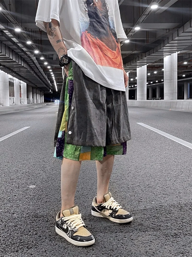 Men Side Buttons Patchwork Harajuku Straight Shorts New Elastic Waist Short Pants Joggers Hip Hop Streetwear Casual Sweatshorts