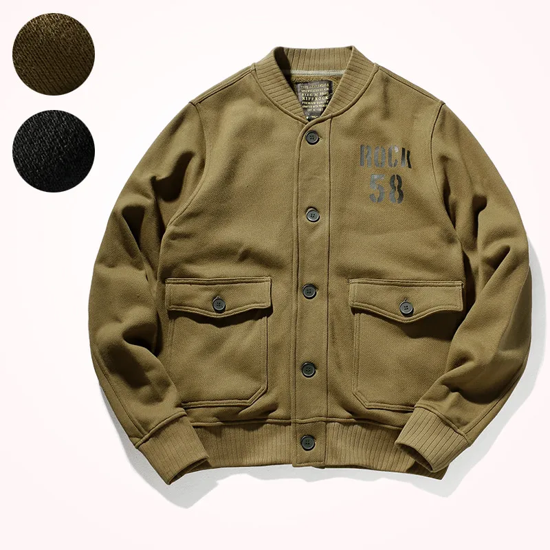 

2020 Baseball Collar Jacket Men's Autumn Winter Thickened High Heavy Terry Knitted Top Retro Military Style American Casual Coat