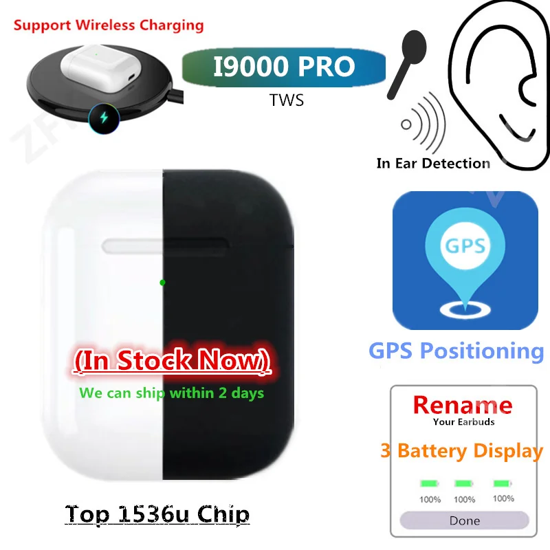 

I9000 Pro TWS Super Version Aire2 GPS Rename 1536U Chip 6D Boomy Wireless Bluetooth Earphones Earbud Sport Headset Support ios13