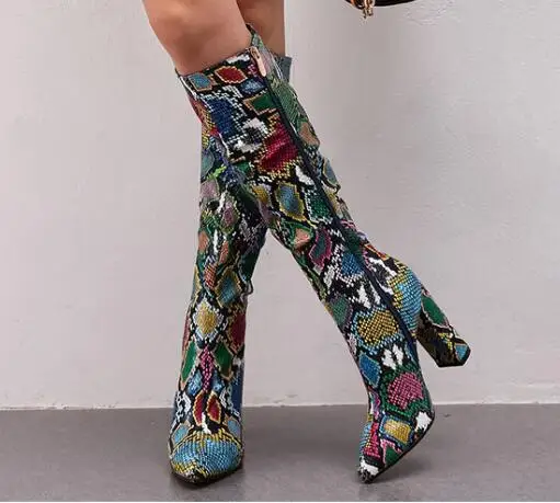 fashion woman colorful snake print chunky high heel pointed toe knee high boots woman