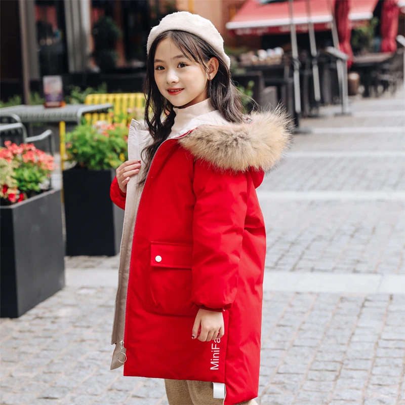 Зимние пуховые пальто для девочек детские куртки-пуховики с меховым воротником, модные однотонные, размер 120-150