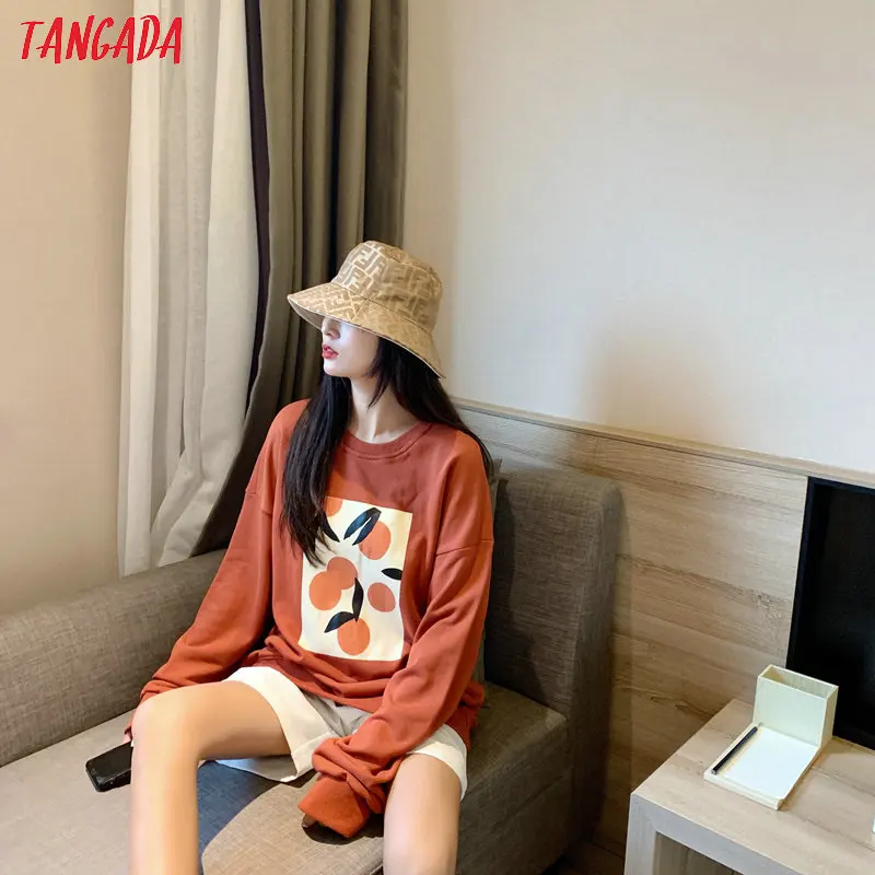 Tangada, женские оранжевые забавные толстовки с принтом, большие размеры, с длинным рукавом, с капюшоном, свободные пуловеры, повседневные женские топы, XLJ21