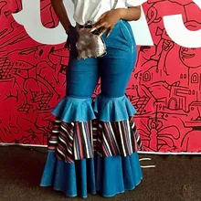 Женские джинсовые расклешенные брюки ретро джинсы Широкие брюки с оборками Леди случайный звонок-низ ниспадающие Гофрированные Брюки