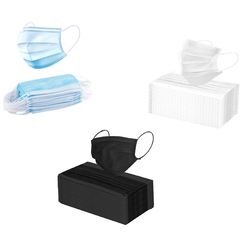 

150Pcs 3 Layer Disposable Mouth Mask Non Woven Anti-Dust Face Masks Breathable Protetive Earloops(Bule+White+Black)