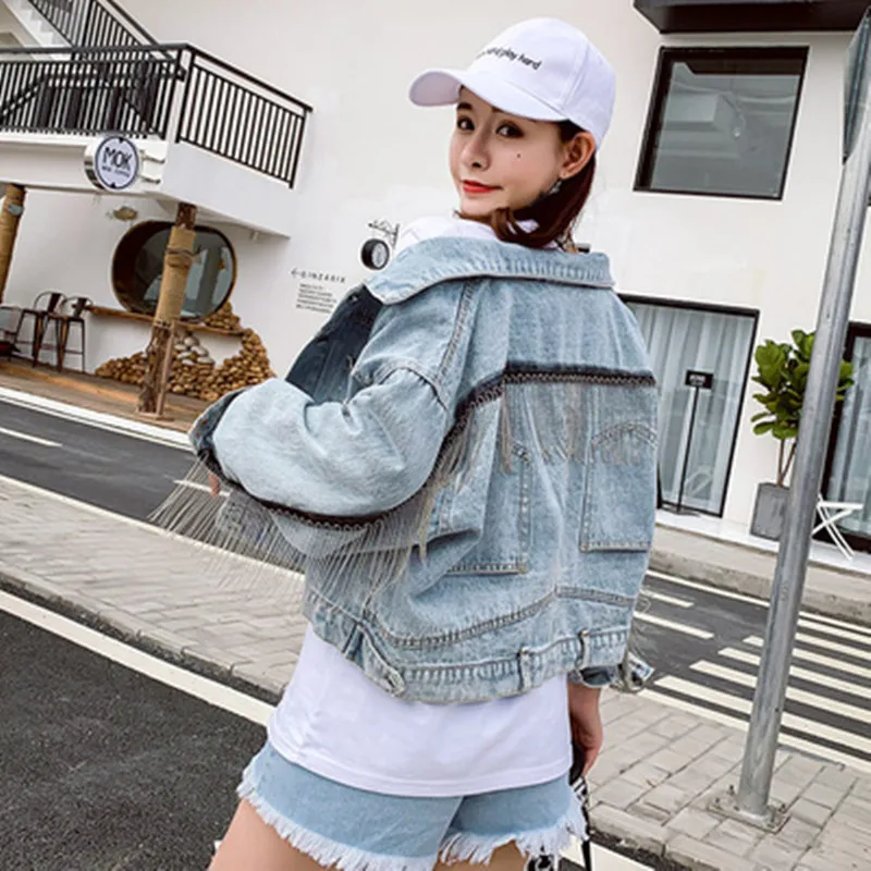

YUZACDWX 2019 New Autumn Women's Heavy Fringed Washed Jeans Short Jacket Cowboy Coat Students Casual Denim Coat Outwear Fashion