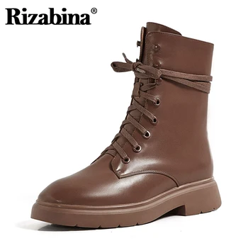 

Rizabina Size 33-42 Ins Ankle Boots Women Round Toe Thick Heel Lace Up Genuine Leather Shoes High Quality Cool Shoes Footwear