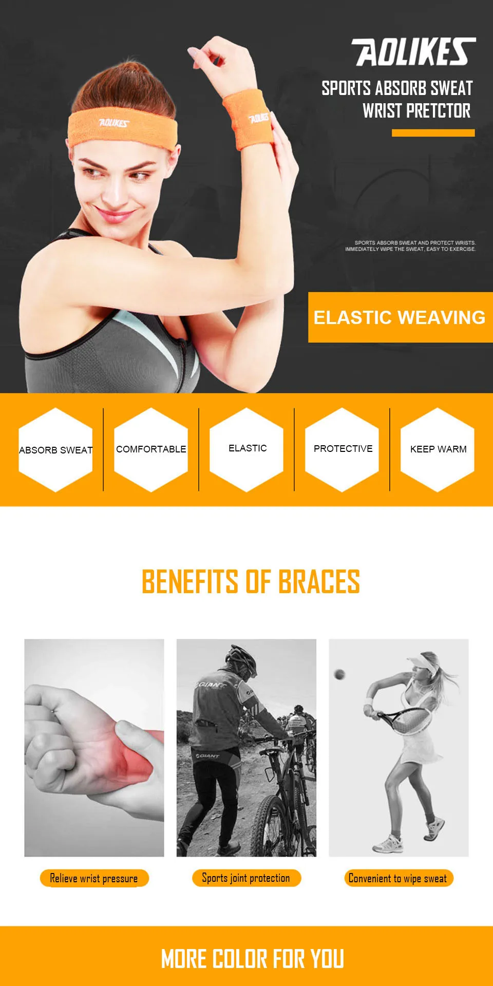 Description Picture 2 of itemAOLIKES 1PCS Cotton Elastic Wristbands Gym Fitness Gear Support Power Weightlifting Wrist Wraps for Basketball Tennis Brace