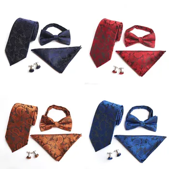 

New Paisley Floral Design Blue Red Black Brown Mens Tie Bowtie Pocket Square Cufflinks 4pcs Sets Wedding Suit Accessories A018