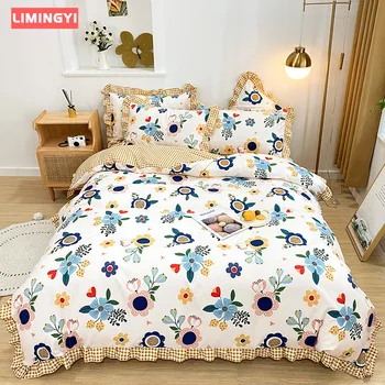 

LIMINGYI Plaid Princess Style Four-piece Set Lace Duvet Cover Bedding Pure Cotton King Size Bedding Set Comforter BT002