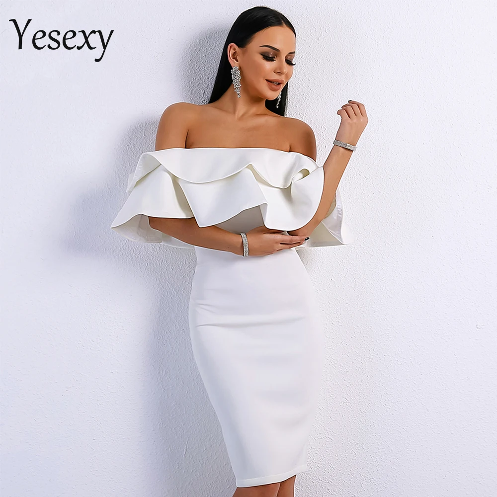 

Yesexy 2020 Sexy Slash Neck Ruffles Elegant Female Midi Dresses Solid Color Autumn Women Party Dress vestidos VR9076