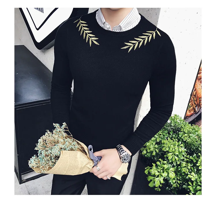Embroidery Male Sweaters For Men Camisolas Homens Black White Grey Brown Stylish Slim Fit Elegant Sweater Hombre Kazak Erkek
