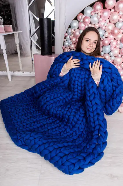 Royal blue Новое модное шерстяное вязаное одеяло 127*152 см из толстой пряжи, объемное вязаное одеяло из мериносовой шерсти - Цвет: Royal blue