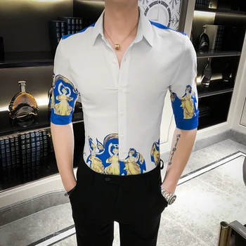 

Black White Dress Shirts Streetwear Social Chemise Homme Spring Men Shirt Personality Print Casual Slim Fit Short Sleeve Shirts