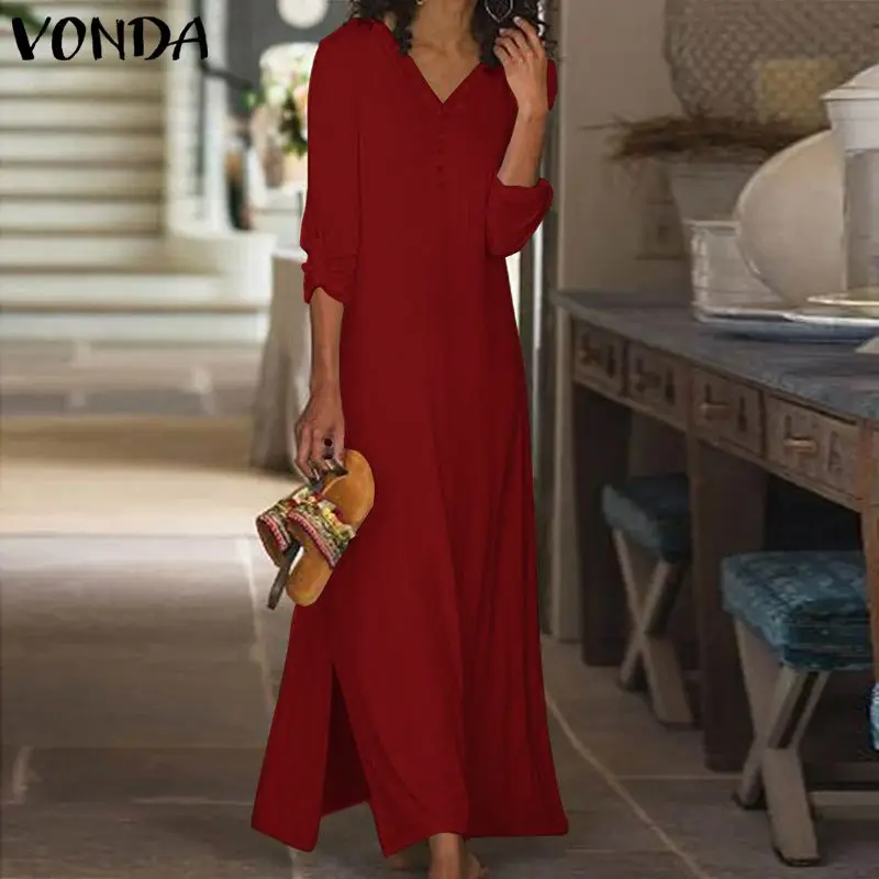 VONDA/богемное платье с длинным рукавом, винтажные однотонные вечерние платья, пляжные платья размера плюс, женское платье, S-5XL, сарафан