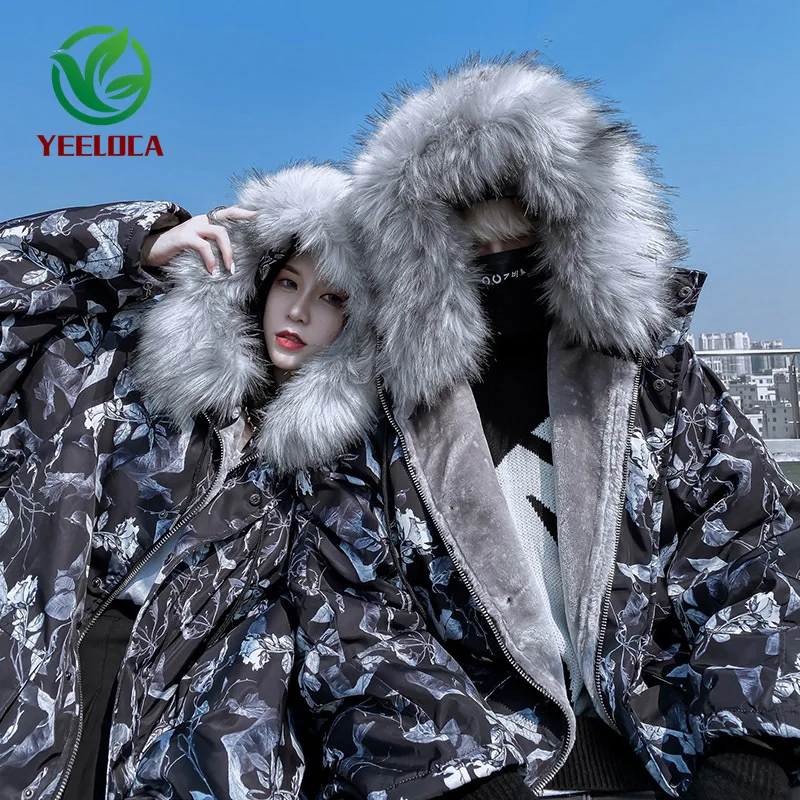 Winter Thicken Hooded Jacket Coat Fur Collar Hip Hop Warm Couple Leaves Camouflage Versatile Men Windbreaker Brand Design