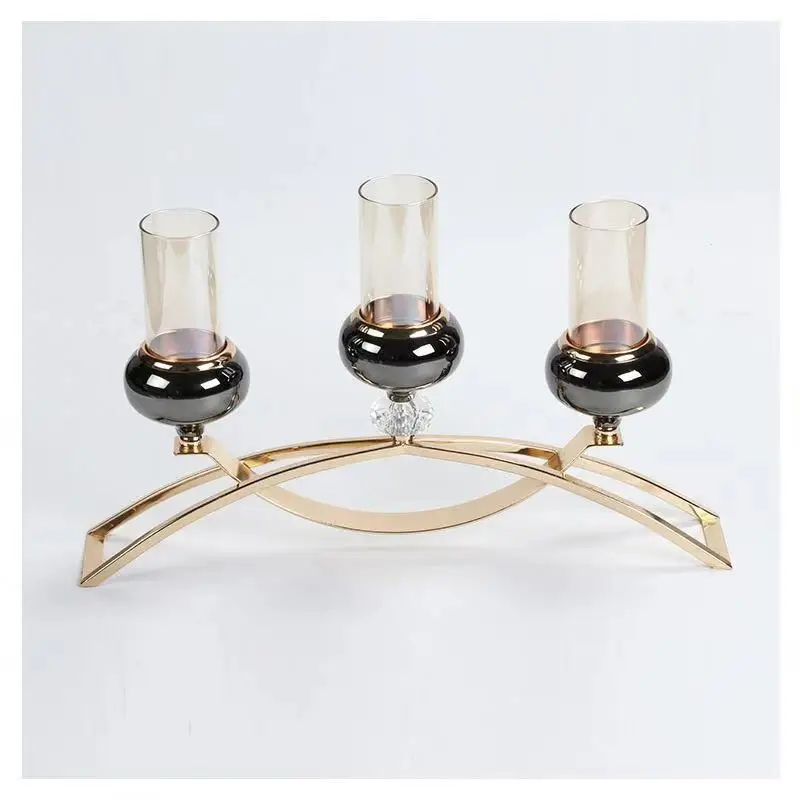 

high quality beautiful three candle holder plated french gold iron with glass candle stick for home table wedding decoration