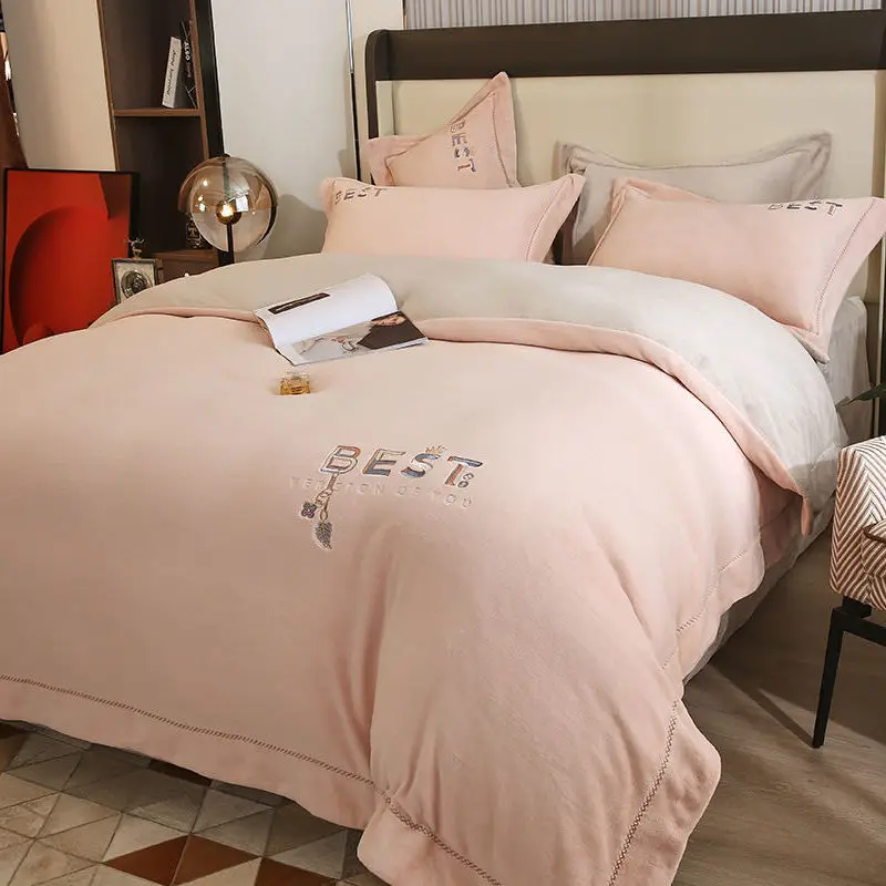 Milk Fiber Bedding Set BEST Embroidered Duvet Cover Luxury 4Pcs Queen King Size With Pillowcases Home Textiles Gift