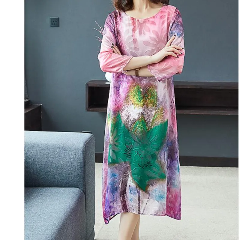 Nieuwe Zomer Slik Jurken Print O-hals Asymmetrische Elegante Jurk Mode Dames Losse Casual Slik Jurk Vestidos Nieuwe Zomer Slik Jurken Print O-hals Asymmetrische Elegante Jurk Mode Dames Losse Casual Slik Jurk Vestidos