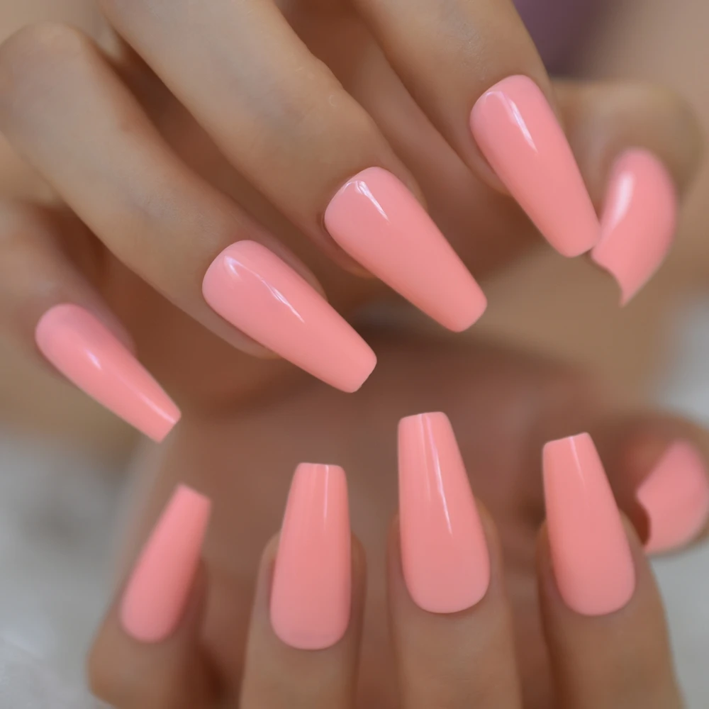 Peach Pink Long Coffin Nails Tapered Gelnails Reuable Fake Nails For Lady  Finger Decorative Press On Fingernails 24 - False Nails - AliExpress