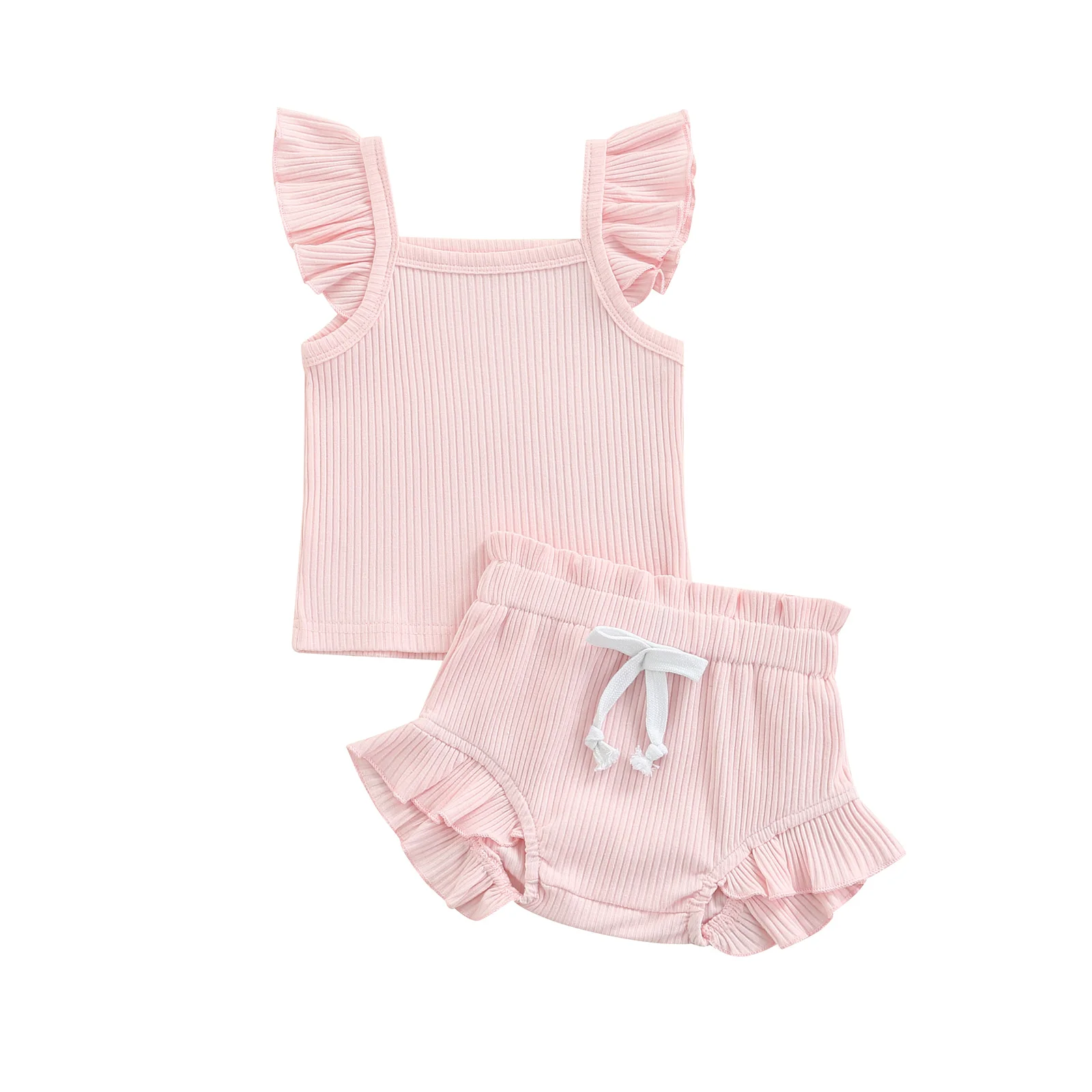 Baby Clothing Set comfotable Newborn Infant Baby Girl Two-Piece Solid Outfits, Solid Color Flying Sleeve Romper + Elastic Drawstring Short Pants sun baby clothing set Baby Clothing Set