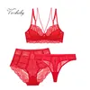 Varsbaby sexy unlined 3/4 cup underwear floral lace 3 pcs bras+high-waist panties+thongs for ladies ► Photo 1/6