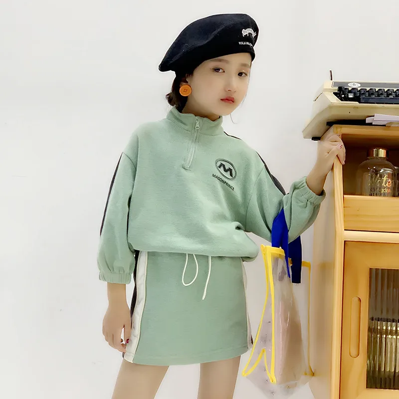 

Girls suit 2019 early autumn new long-sleeved stand collar stitching shirt drawstring waist short skirt lady sports skirt