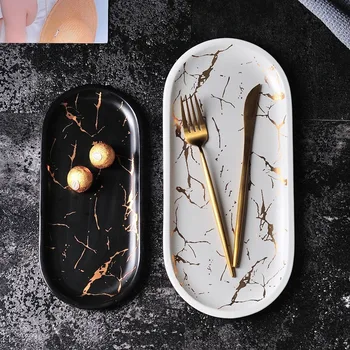 

European Style Marble Plates Ceramic Dinner Set Gold Inlay Porcelain Dessert Jewelry Plate Steak Salad Cake Plates Tableware