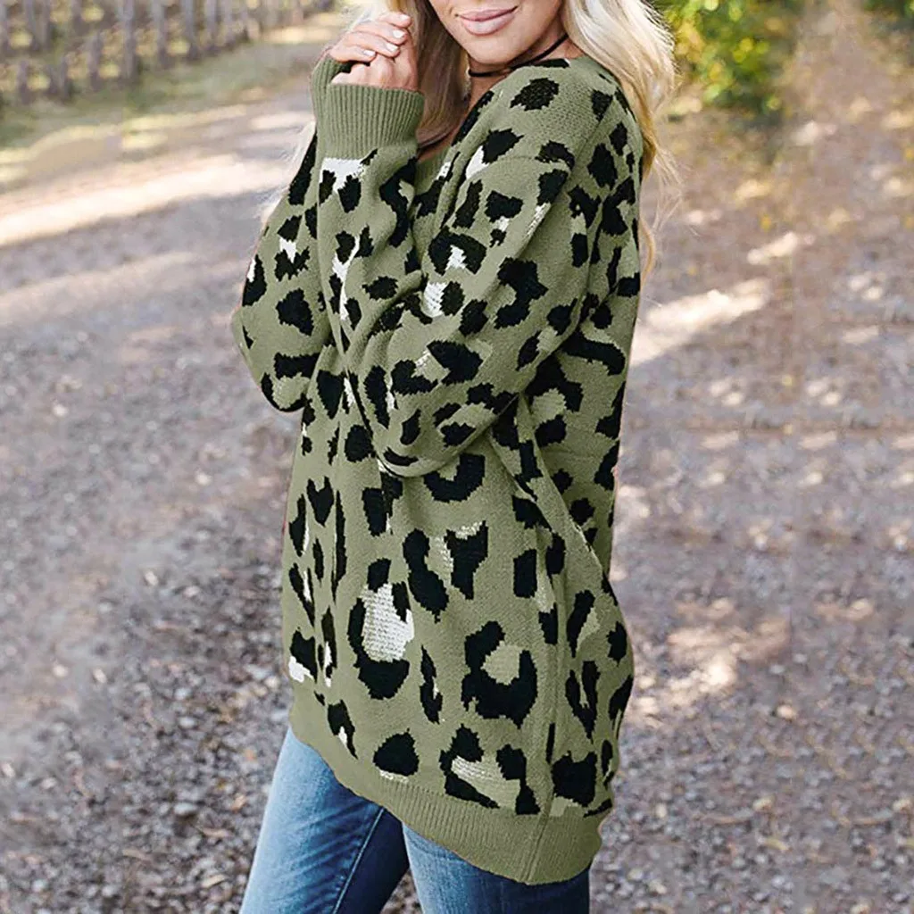 Jaycosin Fashion Casual Lady Leopard Sweater Chic Stylish Comfortable Soft Elegant Loose V-Neck Fit Tops Blouse sweater