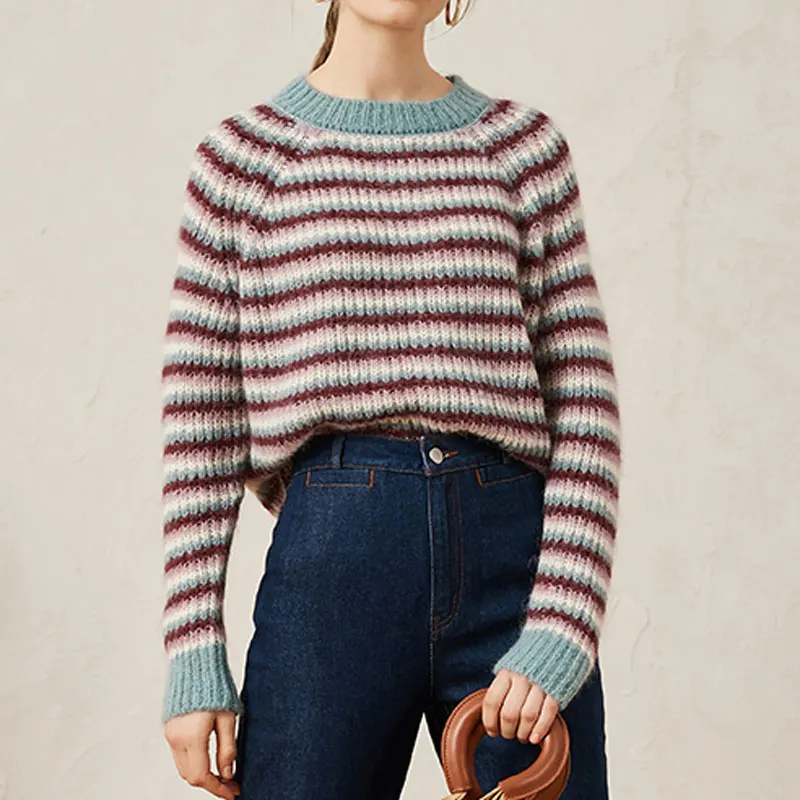 Женский свитер, осень и зима, мохер, цветной блок, полосатый толстый вязаный свитер
