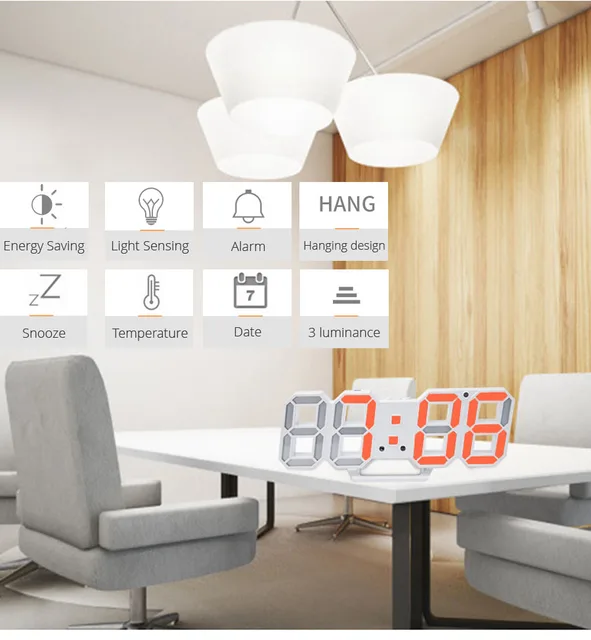 3D LED Wall Clock Modern Design Digital Table Clock Alarm Night Light Saat Wall Clock for Home Decor Living Room 2