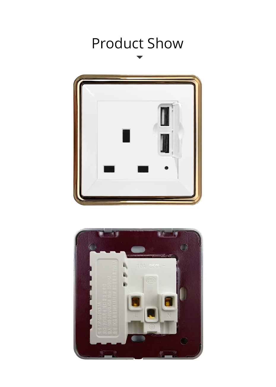 2019 Wallpad 2 USB 3 Pin UK 13A розетка настенная электрическая Силовая розетка Золотая Панель DC 5V 2.4A
