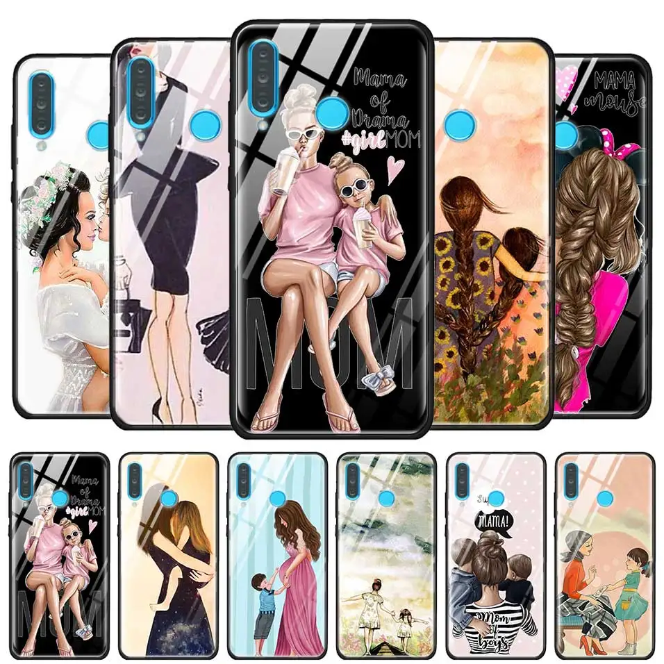 

Tempered Glass Back Shell for Huawei P10 P20 P30 Mate 10 20 30 Lite Pro Case for Honor 8X Silicone Edge Case Mother and Child