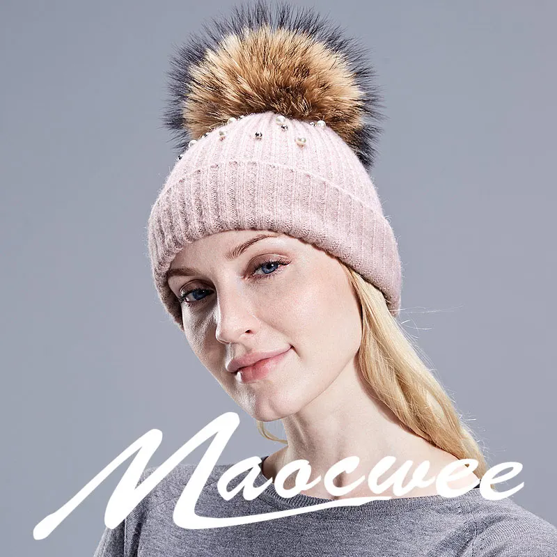 Pom Pom Beanie Hat Women Warm Knitted Bobble Real Fur Pompom Hat Pearl Beanies Children Real Raccoon Fur Pompon Sequins Winter