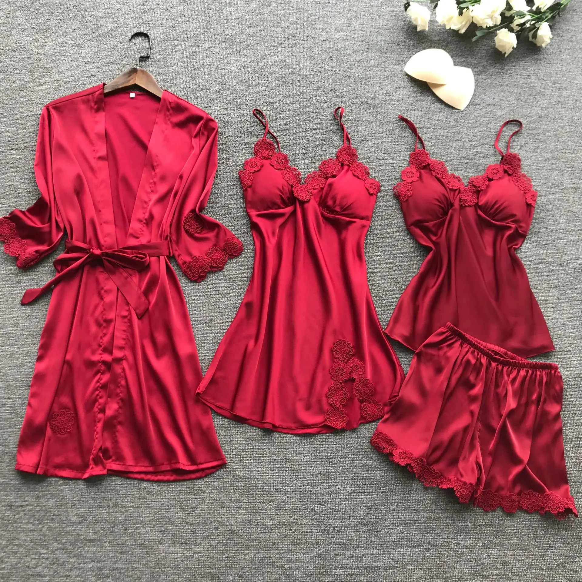 Женский пижамный комплект, атласная пижама, сексуальная пижама с кружевами, сексуальное женское белье, элегантное ночное белье, шелковое, 4 штуки, с цветочным принтом, одежда для сна