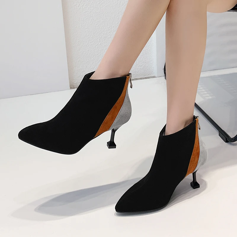 

Ankle Boots Women Color Blocked Kitten Heels AJ635