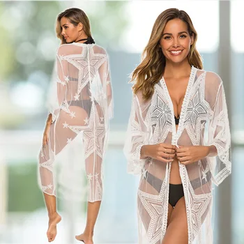 

Beach Wear For Women Women's Dresses Cover Up Dress Woman Swimsuit Lace Cardigan Solid 2020 Sun Proof Shirt Hollow Mesh Jersey