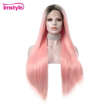 

Imstyle Orange Pink Lace Wigs For Women Long Straight Wavy Synthetic Lace Front Wig Dark Root Heat Resistant Fiber Wig