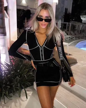 

2019 Winter Elegant Ladies Mini Bodycon Club Dresses Fashion Sexy Vestidos V Neck Long Sleeve Zipper Mesh Black Bandage Dress