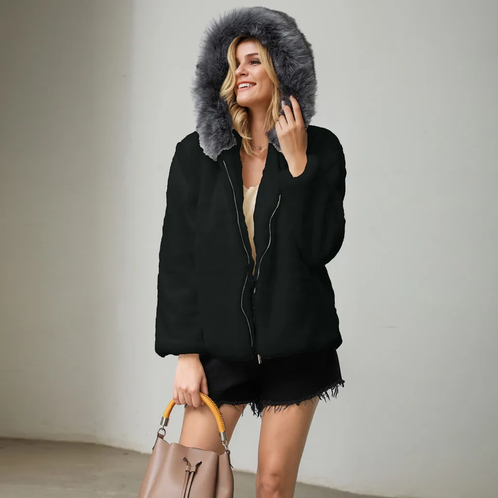 Женская куртка осень зима модный однотонный кардиган из искусственного меха свободный с капюшоном карман на молнии пальто женская верхняя одежда на открытом воздухе