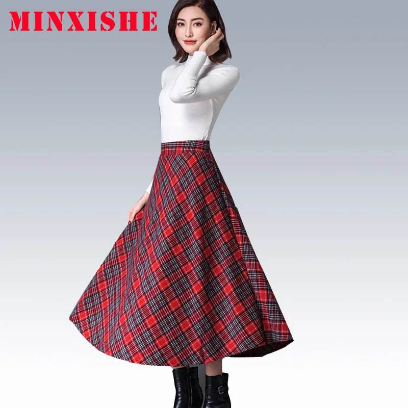 

skirts saias womens Autumn winter 2019 plaid vintage retro maxi long plus size checkered Hairy streetwear high waist skirt women