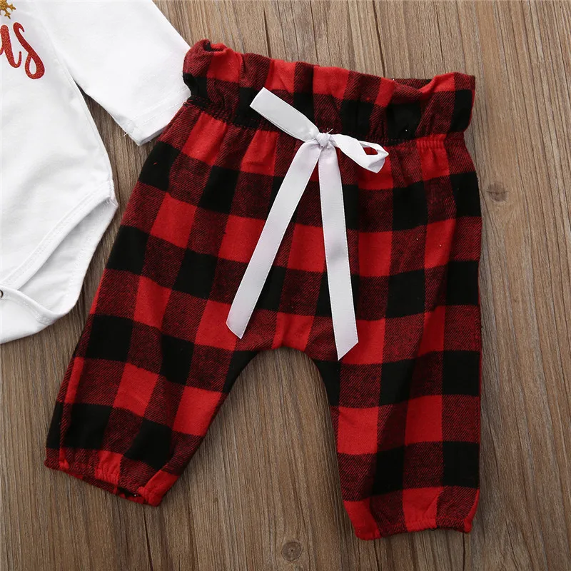 Одежда для новорожденных мальчиков и девочек клетчатые бандажные штаны боди с длинными рукавами и круглым вырезом для первого Рождества, 2 предмета, одежда для малышей