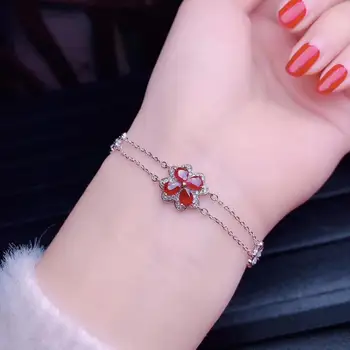 

S925 silver natural red ruby gem bracelet natural gemstone bracelet Elegant Clover Flower chain women party gift fine jewelry